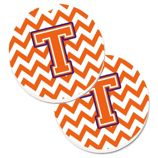 Carolines Treasures Letter T Chevron Orange and Regalia Set of 2 Cup Holder Car Coaster CJ1062-TCARC - main